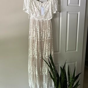 White sheer lace off the shoulder maxi dress